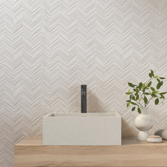 Dimensi | 12"x36" Ceramic Ivory Herringbone Deco Wall Tile