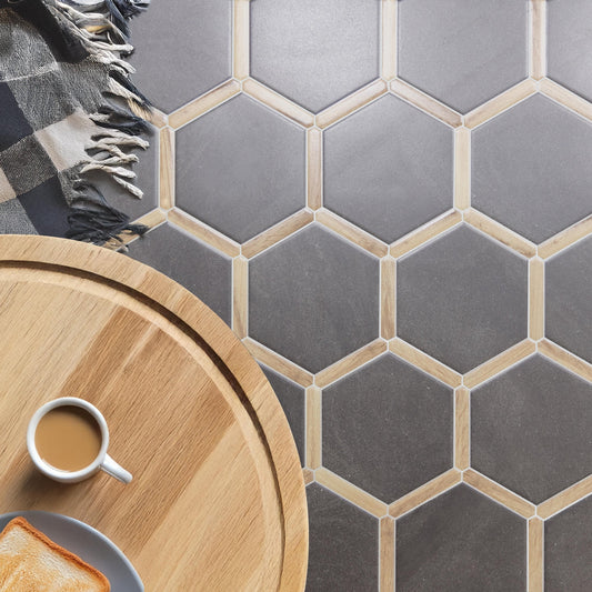 Villa Antica | Grafito Pino 9"x10" Porcelain Hexagon Wall & Floor Tile