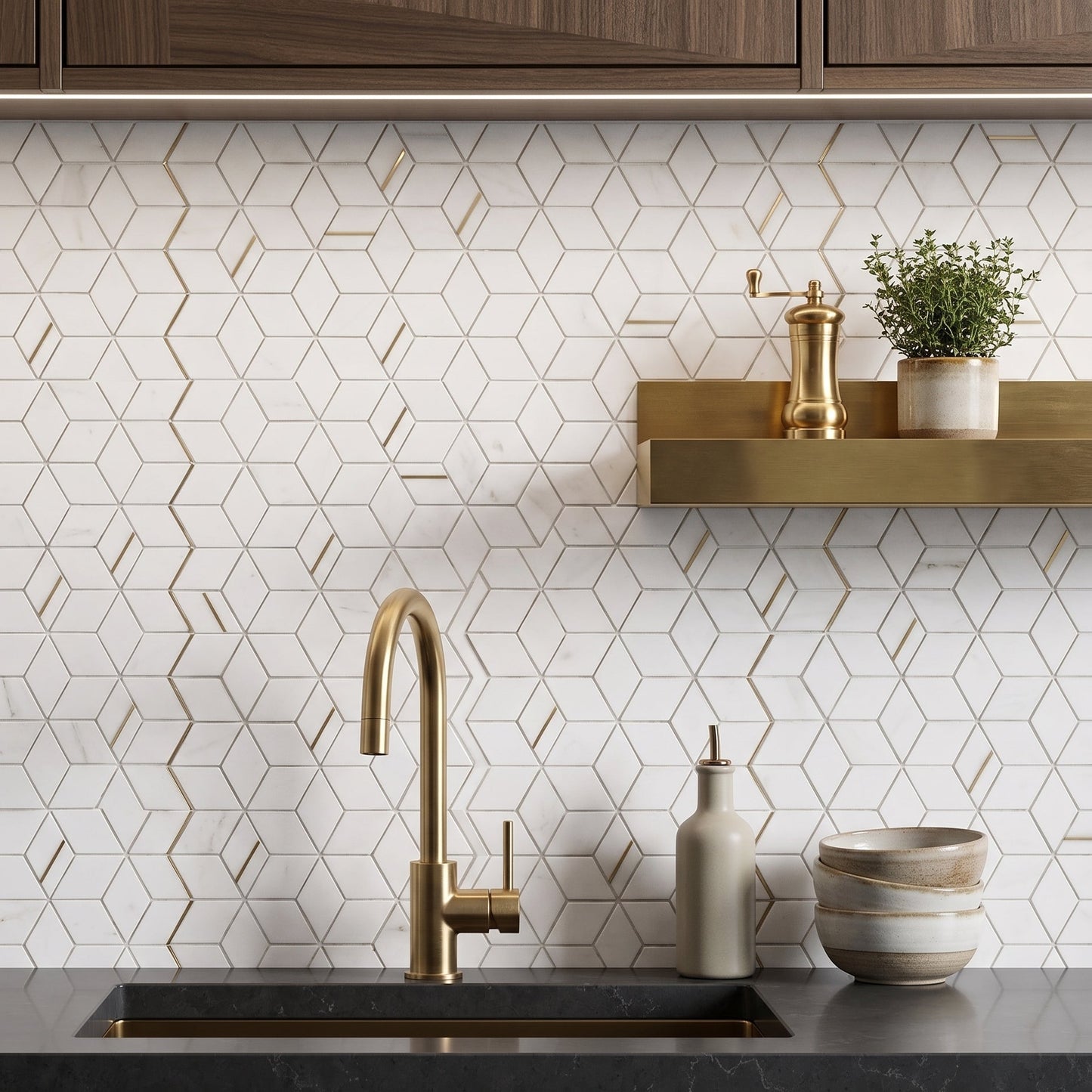 Gold + Marmo | 12"x12" Brunelle Marble & Brass Mosaic Tile